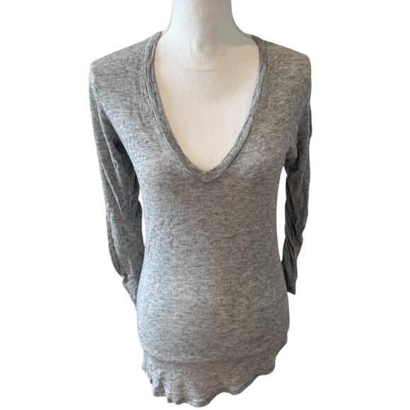 MONROW v neck ruched lightweight layering long sleeve top gray - Picture 1 of 6